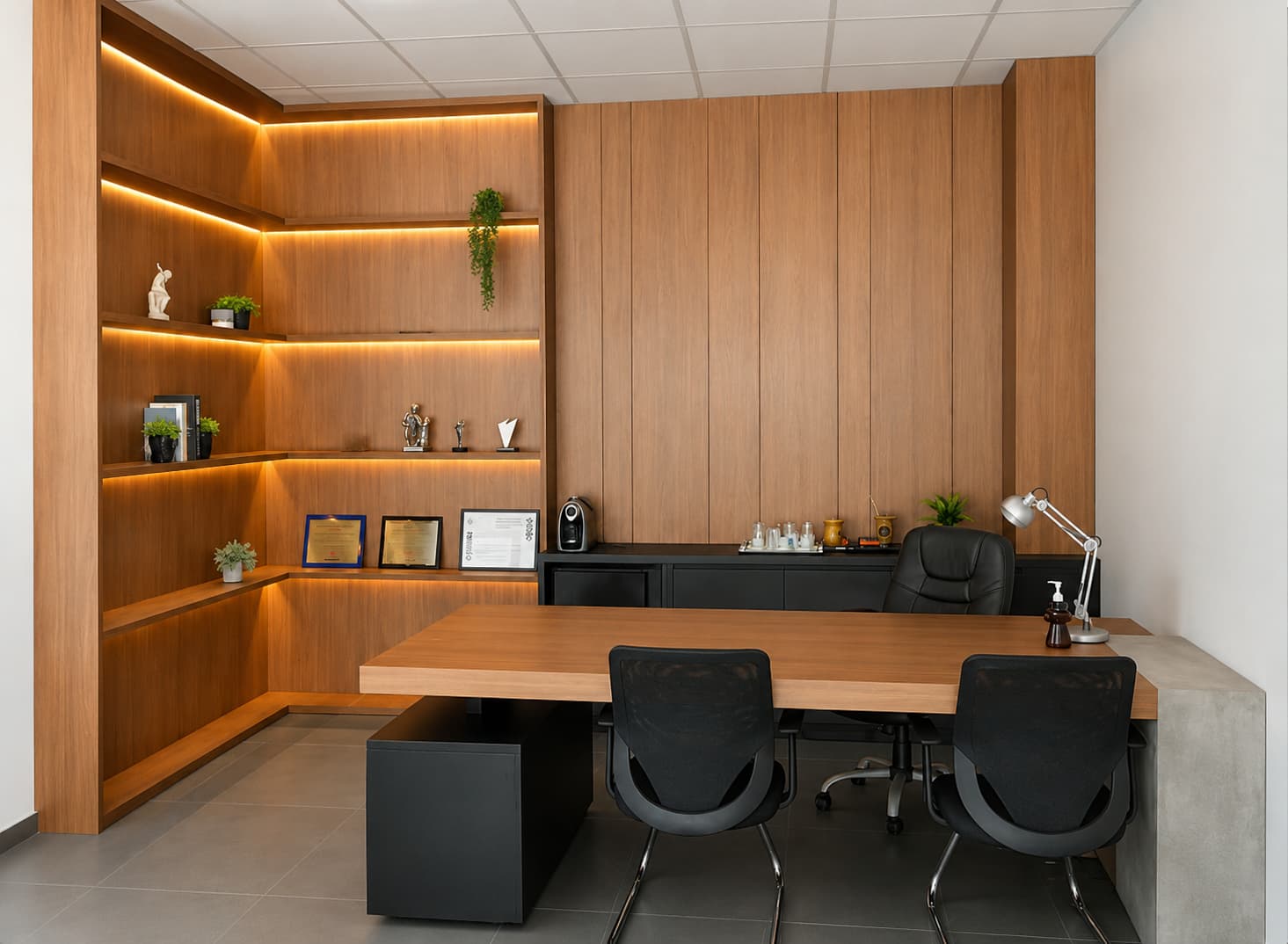 Escritório com mesa de madeira sob medida e estante com iluminação integrada